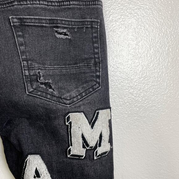 Amiri Skinny Jeans Mens 29 Black Distressed Varsity Logo Designer Denim Stretch - Picture 7 of 10